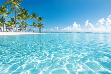 Fototapeta premium Quiet tropical poolside oasis with clear water and swaying palm trees under a bright blue sky