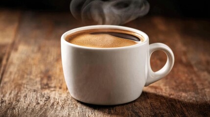 A steaming hot cup of coffee with a beautiful mist rising from the surface