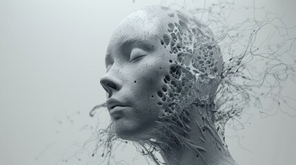 Surreal depersonalization concept  floating head connected by glitching digital strands