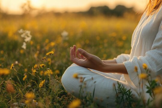 A woman sitting in a peaceful environment, surrounded by blooming flowers, focusing on her meditation practice