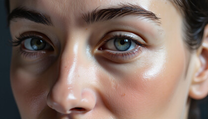 Naklejka premium Close-up of a young woman's face expressing curiosity against a neutral background for beauty blogs, health websites, skincare education, presentations, and digital art projects