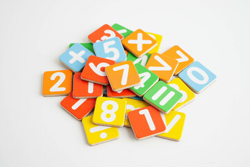 Number wood block cubes for learning Mathematic, education math.