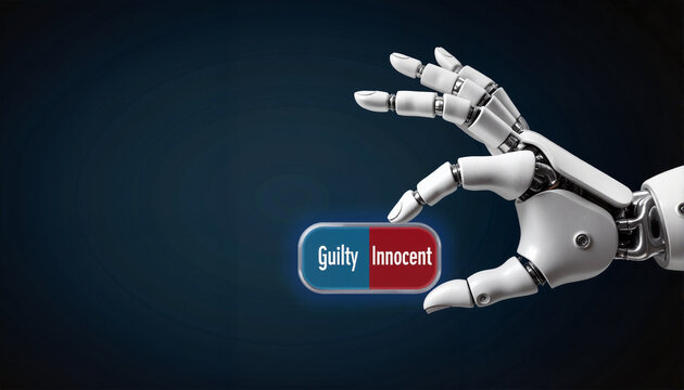 Robot hand holding guilty and innocent buttons against a dark background for technology discussions, legal blogs, ethical debates, and presentations on AI influence in justice systems
