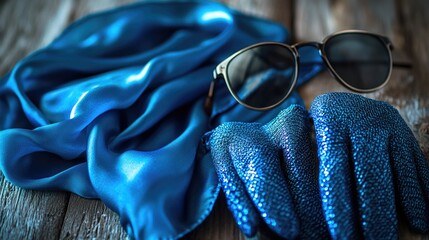 A collection of fashion accessories including sunglasses, a scarf, and a pair of gloves