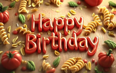 of Happy Birthday Written with Various Types of Pasta and Tomato Sauce on a Rustic Italian-Themed Background, Comforting and Delicious