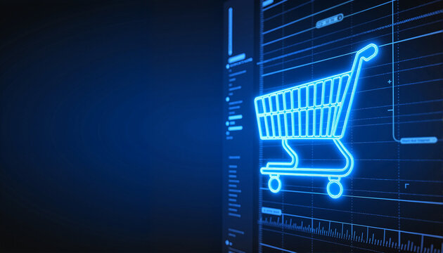 Neon shopping cart icon on a digital interface for e-commerce websites, online stores, marketing materials, presentations, and digital content related to retail technology