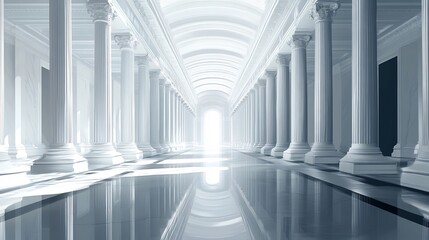Obraz premium Serene white colonnade hall glows softly with ethereal light reflecting on polished floor. AI Generated
