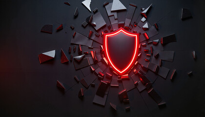 Dynamic shattered shield design with glowing neon outline for blogs, websites, tech presentations, security awareness campaigns, advertising materials, and digital illustrations -