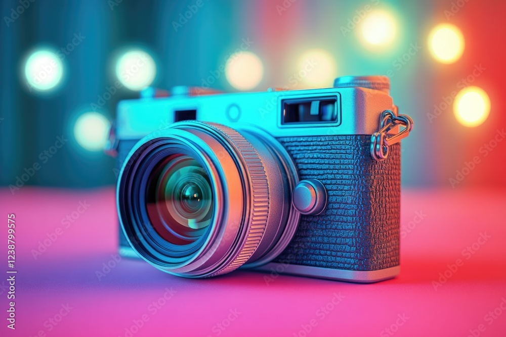 Poster A camera placed on a table with a steady shot of the lens and surrounding surface