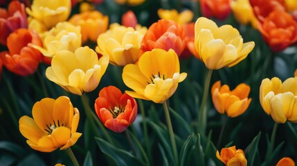 Fototapeta premium A bouquet of vibrant yellow and red tulips grows in a lush green field