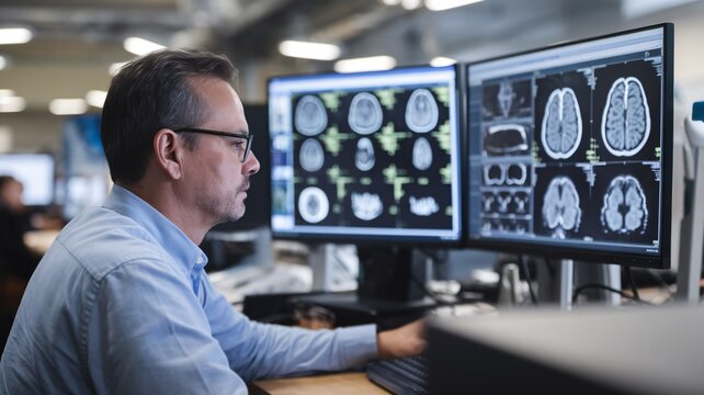 A man is looking at two computer monitors that display brain scans