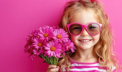 A little girl with sunglasses holding a bunch of pink flowers  "for Mom" in Mother’s Day