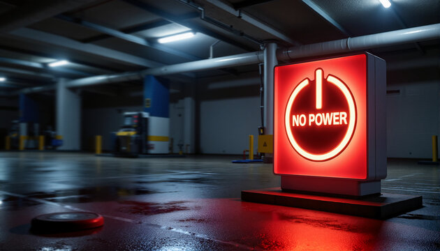 illuminated no power sign in dark parking garage for blogs, websites, industry reports, safety materials, energy awareness campaigns, maintenance guides, and emergency planning resources