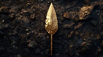 Golden feather rests gently on dark earth background soft light illuminates detail. AI Generated