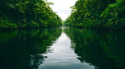 Obraz premium Peaceful River Winding Through Lush Forest with Tranquil Reflections