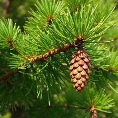 Fototapeta premium Pinecone on fir tree branch with sunlight filtering, cone, leaf, pine