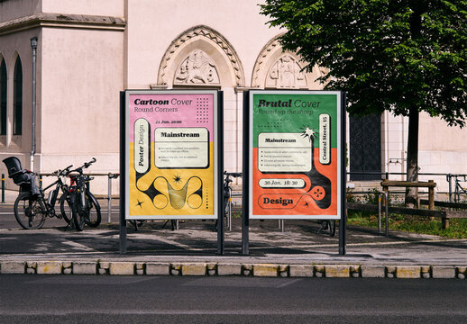 Mockup Of Two Vertical Customized Posters In City
