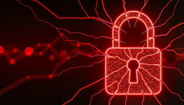 Digital lock symbol with electric energy on dark background for blogs, websites, cybersecurity articles, tech presentations, educational content, and awareness campaigns on online safety