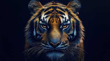Fototapeta premium Majestic Tiger Portrait with Intense Gaze Against Dark Background Showcasing Vibrant Stripes and Fierce Expression in Stunning Detail
