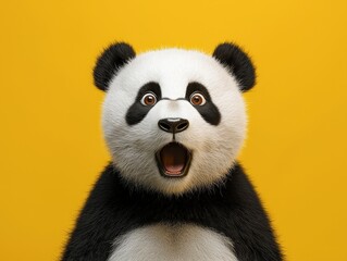 Fototapeta premium Adorable panda with a surprised expression against a yellow background, symbolizing playfulness and charm. Perfect for children's books, social media, marketing, and digital illustrations.