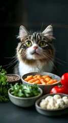 Cute Cat Surrounded by Fresh Ingredients in a Kitchen Setting Capturing Culinary Inspiration Whiskers natural meal