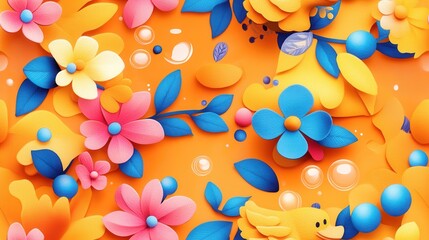 Fototapeta premium Vibrant Abstract Floral Pattern with Colorful Paper Cut Flowers on Bright Orange Background for Creative Design Projects