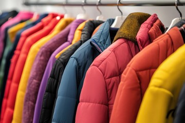 A row of jackets hung on a rack in a store or warehouse