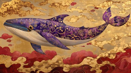 Ornate Blue Whale with Intricate Patterns Swimming Amidst Golden Clouds in a Dreamlike Fantasy Setting