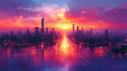 Cityscape sunset reflection, vibrant sky, harbor, illustration, design