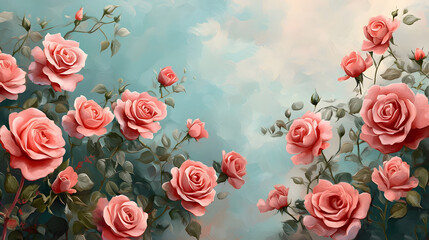 Enchanting Blooming Roses in a Serene Garden with Morning Dew