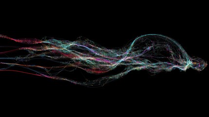 Colorful particle streams flow across black background; abstract digital art for tech design