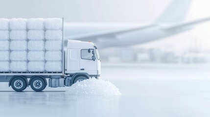 Cold Storage Transfer, frozen goods being moved from truck to plane, swirling dry ice mist in the air, minimalistic surroundings, clean and uncluttered environment