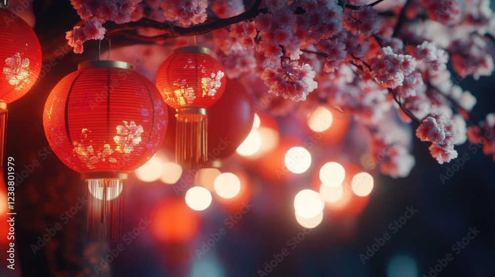 Poster A string of red lanterns suspended from a tree branch