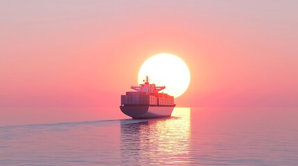 Obraz premium Container Ship at Sunset, large cargo vessel leaving port, vibrant sunset casting hues across the sky, engines powering forward, journey to faraway destinations begins.