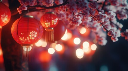 A string of red lanterns suspended from a tree branch