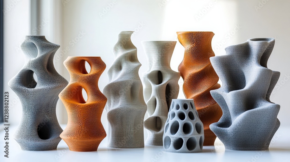 Poster collection of modern 3d-printed vases in various shapes and colors displayed on a table