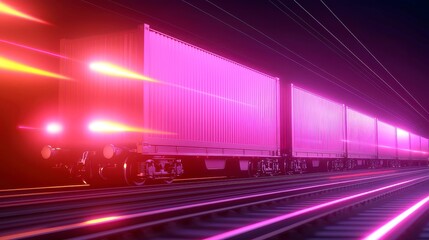 Cross-Border Freight Train, powerful locomotives transporting cargo between countries, navigating a vibrant customs station under bright lights, minimalist and clean environment.