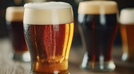 A craft beer experience filled with rich brews and enticing aromas. Glasses of beer with foam on a wooden table background.