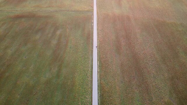Steady aerial footage of a lonely person walking on a path through empty fields