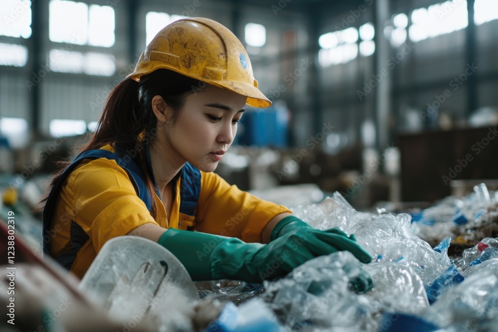 Aufkleber a woman working in a factory, sorting plastic bottles from different colors and shapes