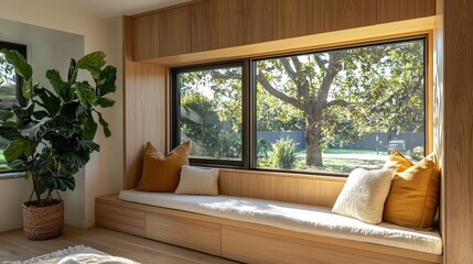 Sunlit Window Seat with Wooden Built-in Bench and Cozy Pillows