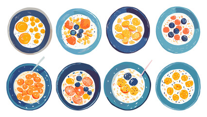 Porridge And Cornflakes Plates Collection Stylized Illustrations Trendy Style White Background Unique Artwork Creative Design Breakfast Illustrations Decorative Features Artistic