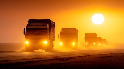 Desert Convoy at Dusk, military and civilian supply trucks stirring up dust, golden sun illuminating the arid landscape, serene and unobstructed horizon.