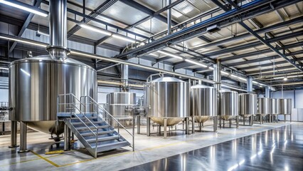 Fototapeta premium Steel brewery equipment and pipes under construction on a large concrete floor, steel, construction, metal, industrial, production