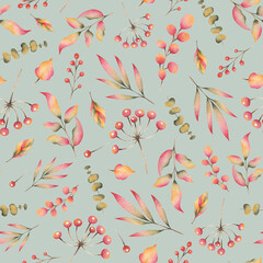 pattern of autumn leaves in watercolor on a green background