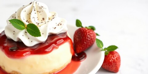 Strawberry custard dessert with jam and whipped cream on top, tasty, strawberries