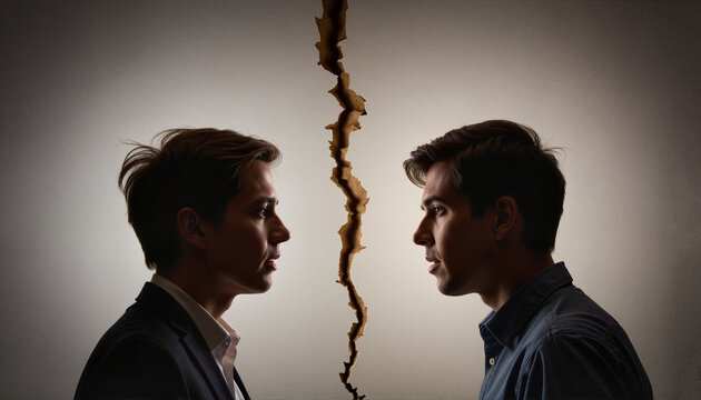 Two young men expressing confrontation and tension against a textured background for blogs, websites, articles discussing interpersonal relationships, conflict resolution, and communication