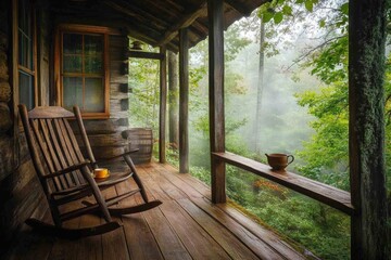 Obraz premium A classic wooden rocking chair sits on the porch of a cozy cabin, perfect for relaxing and enjoying nature