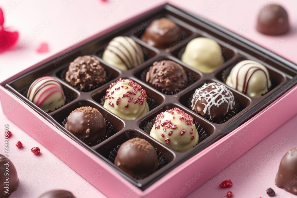 Poster a pink box filled with chocolates placed on a table