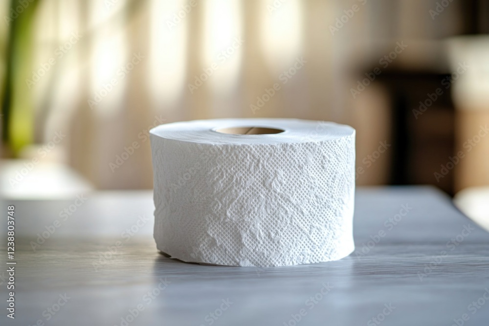 Poster a single roll of toilet paper placed on a table, often used for practical purposes